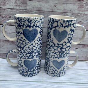 4 Vintage Gibson Colbalt Blue Sponge Paint Heart Mug 1990s Country Folk Art